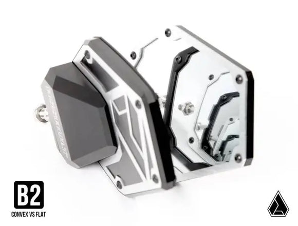 ASSAULT INDUSTRIES B2C Convex side mirror with black anodized angular detailing and chamfered edges on a silver finished bezel.