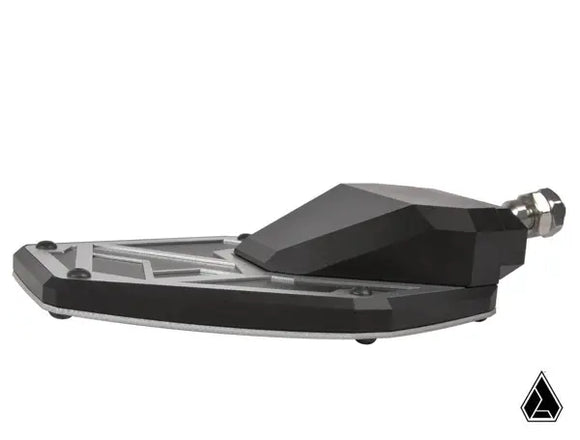 ASSAULT INDUSTRIES B2C Convex side mirror with black anodized angular detailing and chamfered edges on a silver finished bezel.