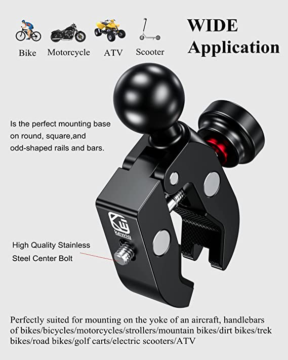 BRCOVAN Aluminum Alloy 1'' Ball Handlebar Clamp Mount Base with Anti-Theft Knob for Rails 0.5'' to 2'' in Diameter, Compatible with RAM Mounts B Size Double Socket Arm & Motorcycle Phone Holder